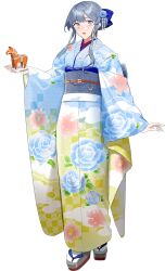 Rule 34 | 1girl, blue eyes, blue hair, blue kimono, drew (drew213g), figure, floral print, gotland (kancolle), hair bun, holding, horse, japanese clothes, kantai collection, kimono, long hair, looking at viewer, official art, okobo, rose print, sandals, sidelocks, socks, solo, standing, tabi, third-party source, transparent background, white socks