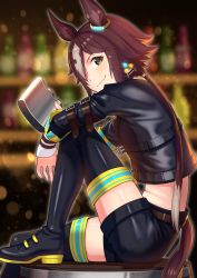Rule 34 | 1girl, absurdres, alcohol, animal ears, arched back, barrel, belt, black jacket, black shorts, blurry, blurry background, boots, brown hair, closed mouth, glowing, green eyes, hair ornament, hair over one eye, highres, hip flask, holding, horse ears, horse girl, horse tail, jacket, knee up, leather, leather jacket, medium hair, midriff, multicolored hair, ponytail, shorts, sidelocks, sitting, smile, smirk, solo, striped clothes, striped thighhighs, tail, thigh boots, thighhighs, toketa (toketa15), two-tone hair, umamusume, vodka (umamusume)