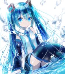 Rule 34 | 1girl, bare shoulders, black skirt, black thighhighs, blue eyes, blue hair, blue necktie, blush, closed mouth, commentary request, detached sleeves, dutch angle, hair between eyes, hair ornament, hatsune miku, highres, kohaku muro, light smile, long hair, long sleeves, looking at viewer, necktie, panties, shirt, sitting, skirt, sleeveless, sleeveless shirt, solo, striped clothes, striped panties, thighhighs, tie clip, twintails, underwear, very long hair, vocaloid, water, water drop, white background, white shirt, wide sleeves