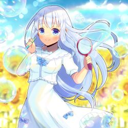 Rule 34 | 1girl, blue bow, blue eyes, blue sky, blurry, blurry background, bow, breasts, bubble, bubble pipe, bubble wand, closed mouth, cloud, commentary request, commission, day, depth of field, dress, flower, frilled dress, frills, grey hair, holding, kou hiyoyo, long hair, medium breasts, original, outdoors, puffy short sleeves, puffy sleeves, rainbow, shirt, short sleeves, skeb commission, sky, smile, solo, sunflower, very long hair, white dress, white shirt, yellow flower