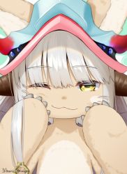 Rule 34 | 1other, :3, androgynous, animal ears, artist name, blunt bangs, body fur, brown fur, cheek squash, close-up, furry, grey hair, hands on own cheeks, hands on own face, hands up, looking at viewer, made in abyss, medium hair, nanachi (made in abyss), one eye closed, portrait, rabbit ears, sidelocks, signature, smile, solo, straight-on, strelitz, whiskers, yellow eyes