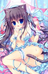 Rule 34 | 1girl, animal ears, areola slip, bad id, bad pixiv id, beret, blue eyes, blue ribbon, blush, breasts, bridal garter, brown hair, cat ears, cat tail, cherry, collarbone, eyebrows, food, fruit, hair between eyes, hair censor, hair ornament, hair ribbon, hasune (hasuneya), hat, holding, holding food, ice cream, ice cream cone, long hair, lying, off shoulder, on side, open clothes, open mouth, original, partially visible vulva, ribbon, solo, star (symbol), star hair ornament, tail, tail censor, twintails, very long hair, white hat, wrist cuffs, x hair ornament
