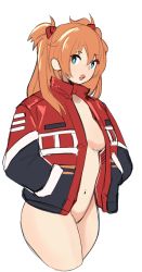Rule 34 | 1girl, blue eyes, bottomless, breasts, cleavage, expressionless, hands in pockets, highres, jacket, kamii momoru, large breasts, legs, lips, lipstick, long hair, looking at viewer, makeup, naked jacket, navel, neon genesis evangelion, no bra, open clothes, open jacket, pussy, smile, solo, souryuu asuka langley, thick thighs, thighs, twintails, wide hips