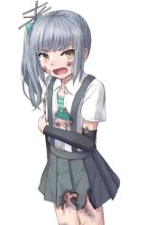 Rule 34 | 10s, 1girl, arm warmers, bad id, bad pixiv id, brown eyes, grey skirt, holding own arm, kantai collection, kasumi (kancolle), looking at viewer, open mouth, pleated skirt, school uniform, silver hair, skirt, solo, suspenders, tears, torn clothes, torn skirt, white background, yuyuzuki (yume usagi)