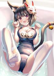 Rule 34 | animal ear fluff, animal ears, azur lane, bathroom, bathtub, bell, black one-piece swimsuit, cat ears, cat girl, cat mask, collarbone, floating, from above, gluteal fold, highres, jingle bell, looking at viewer, looking up, lying, mask, mask on head, name tag, old school swimsuit, one-piece swimsuit, partially submerged, paw pose, school swimsuit, solo, spread legs, swimsuit, tail, tail bell, tail ornament, thighhighs, violetshit, water, white thighhighs, yamashiro (azur lane), yamashiro (summer offensive?) (azur lane)