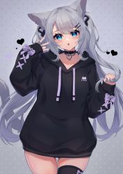 Rule 34 | 1girl, :o, absurdres, animal ear fluff, animal ears, black collar, black hoodie, black thighhighs, blue eyes, bow, cat ears, collar, collarbone, drawstring, ear piercing, grey background, grey hair, hands up, heart, highres, hinata (user rjkt4745), hood, hood down, hoodie, jewelry, long hair, long sleeves, looking at viewer, nail polish, original, parted lips, piercing, polka dot, polka dot background, puffy long sleeves, puffy sleeves, purple bow, purple nails, ring, simple background, skindentation, solo, thighhighs, twintails, very long hair