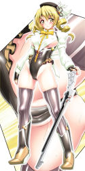 Rule 34 | 1girl, adapted costume, beret, blonde hair, boots, breasts, cameltoe, cleft of venus, covered clitoris, detached sleeves, drill hair, fingerless gloves, gloves, gun, hair ornament, hairpin, hat, large breasts, leotard, magical girl, magical musket, mahou shoujo madoka magica, mahou shoujo madoka magica (anime), puffy sleeves, revealing clothes, sakura ryuuken, sideboob, solo, striped clothes, striped thighhighs, thighhighs, tomoe mami, twin drills, underboob, vertical-striped clothes, vertical-striped thighhighs, weapon, yellow eyes
