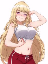 1girl aki_rosenthal alternate_costume bad_tag bare_arms bilingual_commentary blonde_hair blunt_bangs blush bra breasts closed_mouth commentary flexing highres hololive large_breasts long_hair looking_at_viewer midriff mixed-language_commentary nail_polish navel p-nekoe pink_bra purple_eyes red_shorts shirt shorts simple_background sleeveless sleeveless_shirt solo tied_shirt underwear very_long_hair virtual_youtuber wavy_hair white_background white_shirt