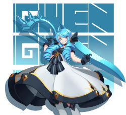 Rule 34 | 1girl, absurdres, blue eyes, blue hair, close-up, drill hair, gloves, gwen (league of legends), highres, league of legends, lipstick, long hair, looking to the side, makeup, matching hair/eyes, open mouth, ribbon, scissors