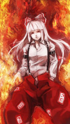 Rule 34 | 1girl, bad id, bad pixiv id, baggy pants, buckle, colored eyelashes, female focus, fiery background, fire, fujiwara no mokou, hand in pocket, highres, lie fox, lisitsa, long sleeves, pants, parted lips, red eyes, shirt, solo, suspenders, touhou, white hair, white shirt