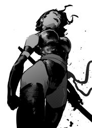 Rule 34 | 1girl, bridal gauntlets, curvy, highleg, highleg leotard, holding, holding sword, holding weapon, impossible clothes, impossible leotard, katana, kjlbs, leotard, long hair, marvel, monochrome, psylocke, revealing clothes, shiny clothes, smile, superhero costume, sword, thighhighs, weapon, wide hips, x-men
