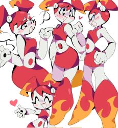 Rule 34 | !, 1girl, ^ ^, android, black eyes, blush, bright pupils, clenched hands, closed eyes, closed eyes, head tilt, heart, highres, jenny wakeman, multiple views, my life as a teenage robot, pointing, red hair, science fiction, spoken exclamation mark, twintails, white background, white pupils, yen0028