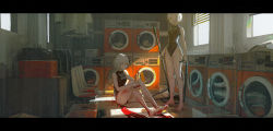 Rule 34 | 2girls, absurdres, alcxome, bare arms, bare legs, barefoot, black one-piece swimsuit, window blinds, blood, blood on ground, blood on hands, blood on leg, breasts, cable, chair, closed mouth, commentary, english commentary, full body, grey hair, highres, holding, holding cable, holding knife, indoors, knife, letterboxed, multiple girls, on ground, one-piece swimsuit, original, short hair, sitting, small breasts, standing, swimsuit, washing machine