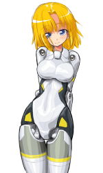 Rule 34 | 10s, 1girl, arms behind back, arnval, bad id, bad pixiv id, blonde hair, blue eyes, blush, bodysuit, breasts, busou shinki, cowboy shot, dd (ijigendd), doll joints, eyes visible through hair, hip focus, joints, large breasts, light smile, looking at viewer, parted bangs, short hair, simple background, smile, solo, thigh gap, white background