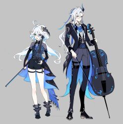 Rule 34 | 1boy, 1girl, ahoge, alnyak, antenna hair, black coat, black footwear, black pants, black shorts, blue eyes, blue hair, boots, cello, coat, furina (genshin impact), genshin impact, grey background, highres, holding, holding instrument, instrument, long hair, long sleeves, looking at viewer, low ponytail, low twintails, multicolored hair, neuvillette (genshin impact), open mouth, pants, shoes, shorts, simple background, smile, streaked hair, twintails, violin, white hair