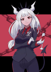 Rule 34 | 1girl, arm under breasts, black necktie, black pants, black suit, blunt bangs, chain, commentary, cowboy shot, cup, demon girl, demon tail, drinking glass, english commentary, formal, gloves, gluteal fold, helltaker, highres, horns, long hair, long sleeves, looking at viewer, low-tied long hair, lucifer (helltaker), necktie, outside border, pants, red eyes, red shirt, shirt, simple background, smile, solo, spiffydc, suit, tail, twitter username, white gloves, white hair, white horns, wine glass, wing collar
