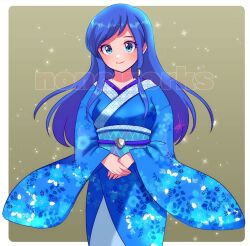 Rule 34 | alternate costume, alternate eye color, alternate hair color, blue eyes, blue hair, blue kimono, blue sash, border, brown background, commentary, commission, cowboy shot, dot nose, english commentary, eyelashes, floating hair, japanese clothes, kimono, light blush, link (shounen captain), long bangs, long hair, looking at viewer, nintendo, nonoworks, own hands together, sash, sidelocks, signature, smile, sparkle background, straight-on, swept bangs, the legend of zelda, the legend of zelda (nes), twitter username, very long hair, watermark, white border, wide sleeves