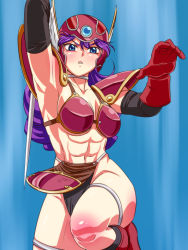 Rule 34 | 1girl, abs, armor, bad id, bad pixiv id, bikini armor, blue eyes, breasts, chunsoft, cleavage, dragon quest, dragon quest iii, elbow gloves, enix, female focus, gloves, gradient background, helmet, huracan, large breasts, muscular, purple hair, soldier (dq3), solo, sword, weapon