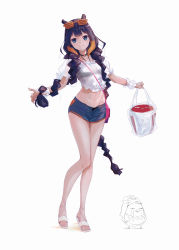 Rule 34 | 1girl, alternate hairstyle, bag, bare legs, bikini, bikini under clothes, black bikini, blue eyes, blue shorts, blush, braid, choker, closed mouth, collarbone, cropped shirt, eyelashes, eyewear on head, frilled shirt, frilled sleeves, frills, full body, high heels, highres, holding, hololive, hololive english, legs, long hair, looking at viewer, micro shorts, midriff, navel, ninomae ina&#039;nis, orange hair, outstretched arms, plastic bag, puffy short sleeves, puffy sleeves, purple hair, sandals, see-through, see-through shirt, shadow, shirt, short sleeves, shorts, sidelocks, simple background, solo, standing, strappy heels, swimsuit, takanashi kiara, takanashi kiara (casual), tallgeese (lgeesel), thighs, toes, twin braids, very long hair, virtual youtuber, white background, white footwear, white shirt