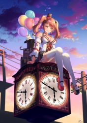 Rule 34 | 1girl, absurdres, balloon, bare shoulders, blush, breasts, cat, cleavage, clock, detached sleeves, dress, from below, full body, hair ornament, hat, highres, ken-san, looking at viewer, mary janes, medium breasts, mini hat, mini top hat, night, orange eyes, orange hair, original, outdoors, power lines, red footwear, shoes, short dress, sitting, smile, solo, star (symbol), star hair ornament, thighhighs, top hat, white cat, white thighhighs
