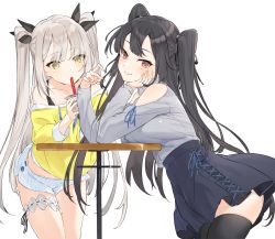 Rule 34 | 2girls, bare shoulders, black hair, black legwear, black ribbon, black skirt, blush, brown eyes, bubble tea, closed mouth, clothing cutout, collarbone, commentary request, cup, disposable cup, drinking straw, grey hair, grey shirt, hair ribbon, hayashi kewi, holding, holding cup, leaning forward, long hair, long sleeves, looking at viewer, looking to the side, midriff, multiple girls, off-shoulder shirt, off shoulder, original, pleated skirt, ribbon, shirt, short shorts, shorts, shoulder cutout, simple background, skirt, smile, striped clothes, striped shorts, table, thighhighs, two side up, vertical-striped clothes, vertical-striped shorts, very long hair, white background, white shorts, yellow eyes, yellow shirt
