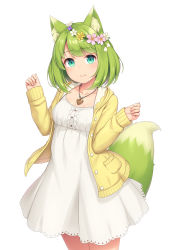 Rule 34 | 1girl, animal ear fluff, animal ears, blush, bob cut, closed mouth, cowboy shot, daisy, dress, flower, fox ears, fox tail, green eyes, green fox (sasaame), green hair, hair flower, hair ornament, hands up, head wreath, heart, heart necklace, highres, jacket, legs together, long sleeves, looking at viewer, medium hair, necklace, open clothes, open jacket, original, pink flower, purple flower, sasaame, signature, simple background, smile, solo, tail, twitter username, white background, white dress, white flower, yellow flower, yellow jacket