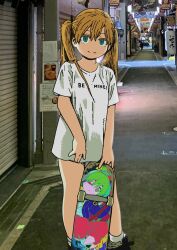 Rule 34 | 1girl, absurdres, black footwear, blonde hair, green eyes, highres, holding, holding skateboard, looking at viewer, no nose, original, photo background, print shirt, road, shirt, shoes, skateboard, smile, sneakers, socks, solo, standing, street, tagro, twintails, white shirt, white socks
