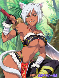 Rule 34 | 1girl, agahari, animal ears, armpits, asymmetrical legwear, bad id, bad pixiv id, bandages, bracelet, breasts, cat ears, cat tail, colored eyelashes, copyright name, dark-skinned female, dark skin, fingerless gloves, forest, gloves, grin, huge weapon, jewelry, large breasts, looking at viewer, midriff, nature, navel, necklace, original, outdoors, scar, short hair, silver hair, sitting, smile, solo, sword, tail, teeth, tree, tribal, underboob, uneven legwear, warrior, weapon, yellow eyes