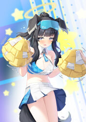 Rule 34 | 1girl, absurdres, animal ears, bare shoulders, black hair, blue archive, blue eyes, blunt bangs, blush, bow, breasts, cheerleader, cleavage, collarbone, commentary, cowboy shot, crop top, fake animal ears, halo, hibiki (blue archive), hibiki (cheer squad) (blue archive), highres, holding, long hair, looking at viewer, medium breasts, midriff, miniskirt, nabe-san, navel, open mouth, pleated skirt, pom pom (cheerleading), ribbon, shirt, skirt, solo, standing, star (symbol), stomach, tail, thighs, white shirt, white skirt