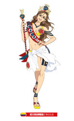 Rule 34 | 1girl, 2018 fifa world cup, :d, bare shoulders, bikini, breasts, brown eyes, brown hair, cleavage, colombia, colombian flag, contrapposto, crown, earrings, full body, hand on own hip, jewelry, long hair, looking at viewer, medium breasts, navel, open mouth, sandals, sarong, sash, simple background, smile, soccer, solo, staff, standing, swimsuit, white background, world cup, yellow bikini, yu yanshu