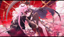Rule 34 | 1girl, black cape, black dress, black nails, black thighhighs, breasts, cape, cleavage, detached sleeves, dress, high heels, holding, holding scythe, hololive, hololive english, knee up, large breasts, long hair, looking at viewer, mori calliope, nail polish, pink hair, red eyes, scythe, see-through, see-through sleeves, single thighhigh, skull, solo, thighhighs, thighs, tiara, torn cape, torn clothes, virtual youtuber, whitem (whiteemperor2020)