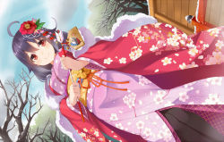 Rule 34 | 10s, 1girl, ahoge, alternate costume, arrow (projectile), bad id, bad pixiv id, bare tree, black pantyhose, blue sky, camellia, cloud, day, dutch angle, ema, fence, floral print, flower, furisode, hair flower, hair ornament, hamaya, japanese clothes, kantai collection, kimono, long hair, looking at viewer, obi, pantyhose, purple hair, red eyes, sash, sky, smile, snow, solo, taigei (kancolle), takehana note, tree, wide sleeves, winter
