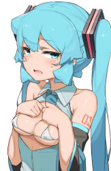 Rule 34 | 1girl, abmayo, bare shoulders, bikini, black sleeves, breasts, commentary, covered erect nipples, detached sleeves, green eyes, green hair, green necktie, hands on own chest, hatsune miku, highres, looking at viewer, medium breasts, micro bikini, necktie, open clothes, open mouth, open shirt, romaji commentary, shiny skin, solo, swimsuit, twintails, vocaloid, white background, white bikini