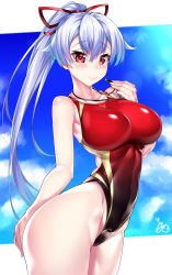 Rule 34 | 1girl, absurdres, blue sky, breasts, cloud, collarbone, commentary request, competition swimsuit, cowboy shot, day, fate/grand order, fate (series), gradient swimsuit, headband, highleg, highleg swimsuit, highres, long hair, looking at viewer, medium breasts, one-piece swimsuit, ponytail, red eyes, red ribbon, red one-piece swimsuit, ribbon, silver hair, sky, solo, standing, swimsuit, tomoe gozen (fate), very long hair, watosu (watosu mama), whistle, whistle around neck