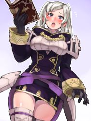 Rule 34 | 1girl, black gloves, blush, book, boots, boris (noborhys), breasts, cloak, cowboy shot, dress, dutch angle, fire emblem, fire emblem awakening, gloves, gradient background, grey background, highres, long hair, long sleeves, looking at viewer, medium breasts, morgan (female) (fire emblem), morgan (fire emblem), nintendo, open mouth, purple eyes, robin (female) (fire emblem), robin (fire emblem), short dress, silver hair, simple background, solo, standing, sweatdrop, tareme, thigh boots, thighhighs, twintails, zettai ryouiki