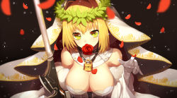 Rule 34 | 10s, 1girl, aestus estus, bare shoulders, black background, blonde hair, breasts, chain, cleavage, commentary, detached collar, detached sleeves, elbow gloves, fate/extra, fate/extra ccc, fate (series), flower, gloves, green eyes, hair intakes, head wreath, highres, large breasts, leotard, light particles, lock, long sleeves, looking at viewer, motion blur, mouth hold, nero claudius (bride) (fate), nero claudius (bride) (third ascension) (fate), nero claudius (fate), nero claudius (fate) (all), padlock, petals, red flower, red rose, ringed eyes, rose, rose petals, sh (shinh), short hair, simple background, strapless, strapless leotard, sword, unsheathed, upper body, veil, weapon, white gloves, white leotard, wide sleeves, wreath