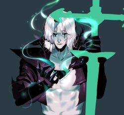 Rule 34 | 1boy, black jacket, black sclera, collarbone, colored sclera, cropped jacket, gauntlets, green eyes, grey background, holding, holding sword, holding weapon, hole in chest, hole on body, jacket, league of legends, looking at hand, male focus, myobi (f0r l0l), open clothes, open jacket, parted bangs, short hair, simple background, sword, teeth, upper body, viego (league of legends), weapon, white hair