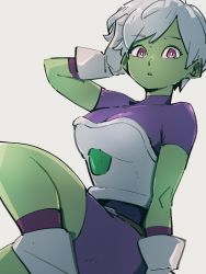 Rule 34 | 1girl, bodysuit, breasts, cheelai, colored skin, dragon ball, dragon ball super, dragon ball super broly, gloves, green skin, grey background, kemachiku, legs, looking at viewer, medium breasts, purple bodysuit, red eyes, short hair, simple background, sitting, solo, white gloves, white hair