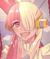 Rule 34 | 1girl, blush, commentary request, hair over one eye, hair rings, highres, long hair, looking at viewer, multicolored hair, one piece, one piece film: red, open mouth, own hands together, portrait, red eyes, red hair, solo, spica (spica5f9ea0), split-color hair, teeth, two-tone hair, uta (one piece), white hair
