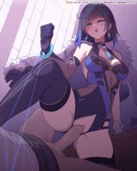 Rule 34 | 1boy, 1girl, animated, animated gif, arm support, bare shoulders, black hair, black thighhighs, blue hair, bound, bracelet, breasts, clothed sex, crotch zipper, diagonal bangs, dice, earrings, elbow gloves, erection, femdom, genshin impact, gloves, hetero, indoors, jacket, jacket on shoulders, jewelry, large breasts, mole, mole on breast, open mouth, penis, pussy, sex, short hair, single elbow glove, solo focus, thighhighs, uncensored, vaginal, waero, white jacket, yelan (genshin impact), zipper