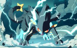 Rule 34 | absurdres, black fur, claws, colored sclera, commentary request, creatures (company), electricity, fangs, game freak, gen 4 pokemon, highres, komepan, looking at viewer, luxray, nintendo, no humans, open mouth, pokemon, pokemon (creature), red sclera, smoke, solo, standing, yellow eyes, yellow pupils