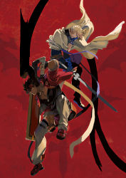 Rule 34 | 2boys, abstract background, belt, black footwear, black gloves, black pants, blonde hair, blue eyes, blue gloves, brown hair, clenched hand, coat, collarbone, commentary, cover, english text, fingerless gloves, forehead protector, full body, gloves, guilty gear, guilty gear strive, headband, highres, holding, holding sword, holding weapon, ishiwatari daisuke, jacket, ky kiske, long sleeves, looking away, looking down, multiple boys, muscular, muscular male, official art, orange eyes, pants, red background, red footwear, red headband, red jacket, scarf, shoes, sol badguy, sword, turtleneck, video game cover, weapon, white coat, white pants