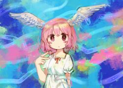 Rule 34 | 1girl, abstract background, aqua background, arm behind back, blue background, blush stickers, commentary, dot nose, feathered wings, frilled sleeves, frills, hand up, head wings, highres, kezuru, looking at viewer, medium hair, multicolored background, original, panties, pink background, pink eyes, pink hair, puffy short sleeves, puffy sleeves, red ribbon, ribbon, short hair, short sleeves, solo, tentacles, underwear, upper body, v, white panties, white wings, wings