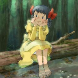 Rule 34 | 1girl, anne of green gables, barefoot, bow, diana barry, dress, feet, forest, hair bow, hair rings, lowres, nature, nippon animation, sakai yume, sitting, smile, soaking feet, solo, sunlight, tegaki, tree, upskirt, water, world masterpiece theater, yellow dress