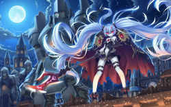 Rule 34 | &gt;:), 1girl, black gloves, cape, colored skin, demon girl, full moon, gloves, highres, holding, horns, long hair, looking at viewer, mecha, moon, navel, night, night sky, original, polearm, red eyes, robot, shoes, sky, smile, solo, spear, tonchan, twintails, v-shaped eyebrows, very long hair, weapon, white hair, wind