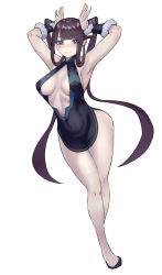 Rule 34 | 1girl, absurdres, armpits, arms up, bare shoulders, black dress, black footwear, blue eyes, blunt bangs, blush, breasts, center opening, china dress, chinese clothes, closed mouth, covered navel, detached sleeves, dress, fate/grand order, fate (series), freddyhalloween, full body, hair ornament, highres, large breasts, legs, long hair, looking at viewer, purple hair, short dress, side slit, sidelocks, simple background, smile, solo, twintails, very long hair, white background, yang guifei (fate), yang guifei (second ascension) (fate)