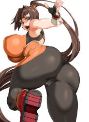 Rule 34 | 1girl, absurdres, ass, bare shoulders, boots, breasts, brown eyes, brown hair, cameltoe, dnf duel, dungeon and fighter, era (erasion), fighter (dungeon and fighter), fingerless gloves, from behind, gloves, highres, huge ass, huge breasts, long hair, looking at viewer, open mouth, pants, ponytail, shiny clothes, shiny skin, sideboob, simple background, solo, striker (dungeon and fighter), thick thighs, thighs, very long hair, white background