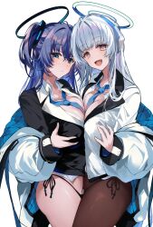 Rule 34 | 2girls, blue archive, blush, breast press, breasts, hair ornament, halo, hirai yuzuki, large breasts, long hair, looking at viewer, medium breasts, multiple girls, noa (blue archive), purple eyes, purple hair, sidelocks, symmetrical docking, two side up, very long hair, white hair, yuuka (blue archive)