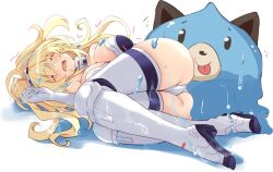 Rule 34 | 1girl, ass, bare shoulders, blonde hair, blush, breasts, cleavage, closed eyes, collar, dogoo, elbow gloves, gloves, iwashi dorobou -r-, kami jigen game neptune v, large breasts, leotard, long hair, neptune (series), open mouth, orange eyes, power symbol, slime (substance), solo, strapless, strapless leotard, symbol-shaped pupils, thighhighs, unconscious, white leotard, white thighhighs, yellow heart (neptunia)