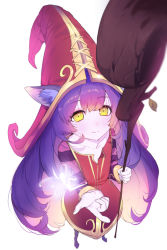 Rule 34 | 1girl, animal ears, dress, foreshortening, full body, half-closed eyes, hat, league of legends, long hair, long sleeves, looking at viewer, lulu (league of legends), purple hair, simple background, smile, solo, staff, standing, very long hair, white background, witch hat, yellow eyes, yordle